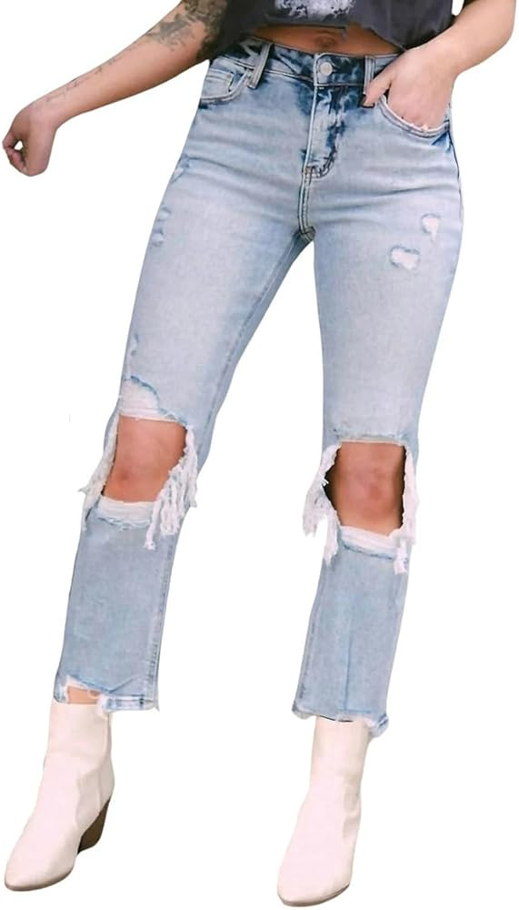 Lovervet by VERVET Women's High-Rise Cropped Ripped Straight Leg Jeans in Bright | Amazon (US)