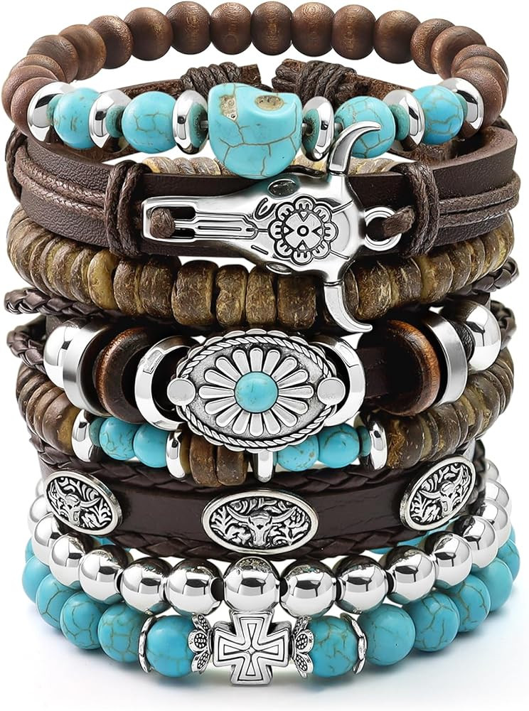 8 Pcs Stack Turquoise Western Bracelets for Women Boho Turquoise Beaded Concho Bangle Ox-Head Cha... | Amazon (US)