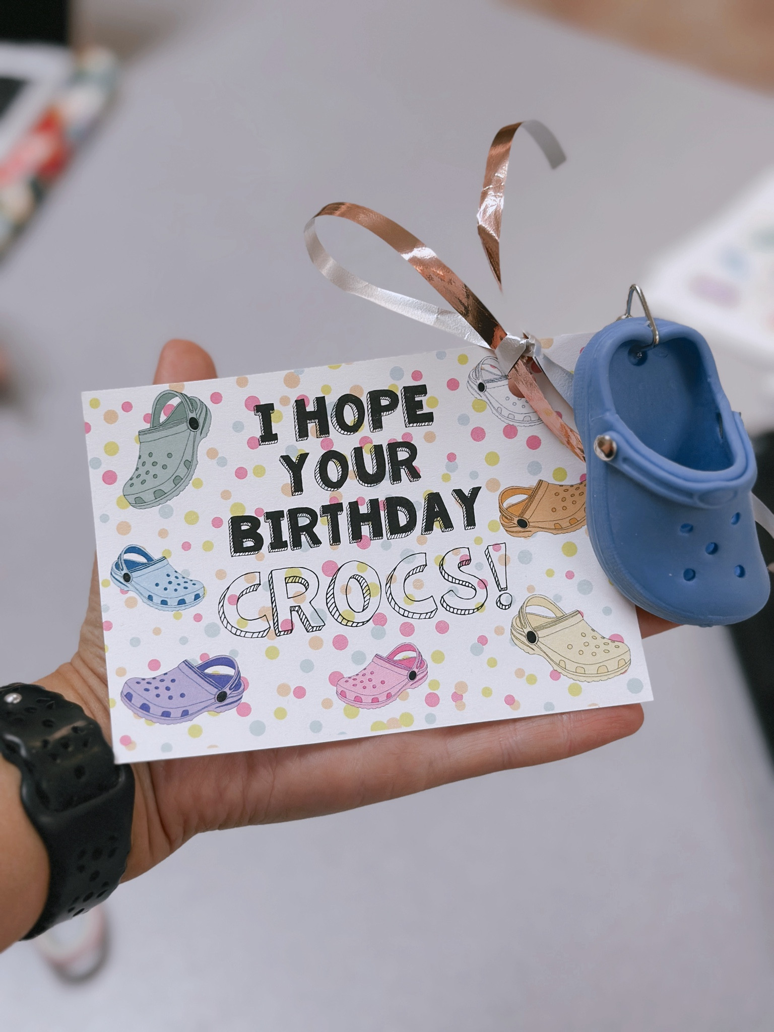https://www.teacherspayteachers.com/Product/Student-Birthday-Gift-Tag-I-hope-your-birthday-CROCS-11848398?st=046ac6ef51e44bc10c74ae43c2679d54 
Linked above are the tags! 