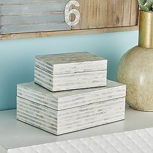 Deco 79 Mother of Pearl Handmade Box with Hinged Lid, Set of 2 12", 8"W, White | Amazon (US)