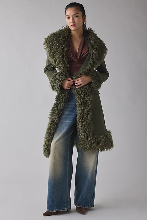 Azalea Wang Gilda Faur Fur Trim Faux Suede Jacket in Green, Women's at Urban Outfitters | Urban Outfitters (US and RoW)