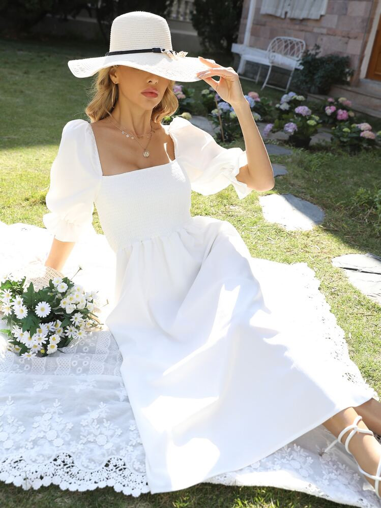 Aveloria Rosie Square Neck Shirred Detail Puff Sleeve A-Line Dress Vacation Outfits Woman | SHEIN