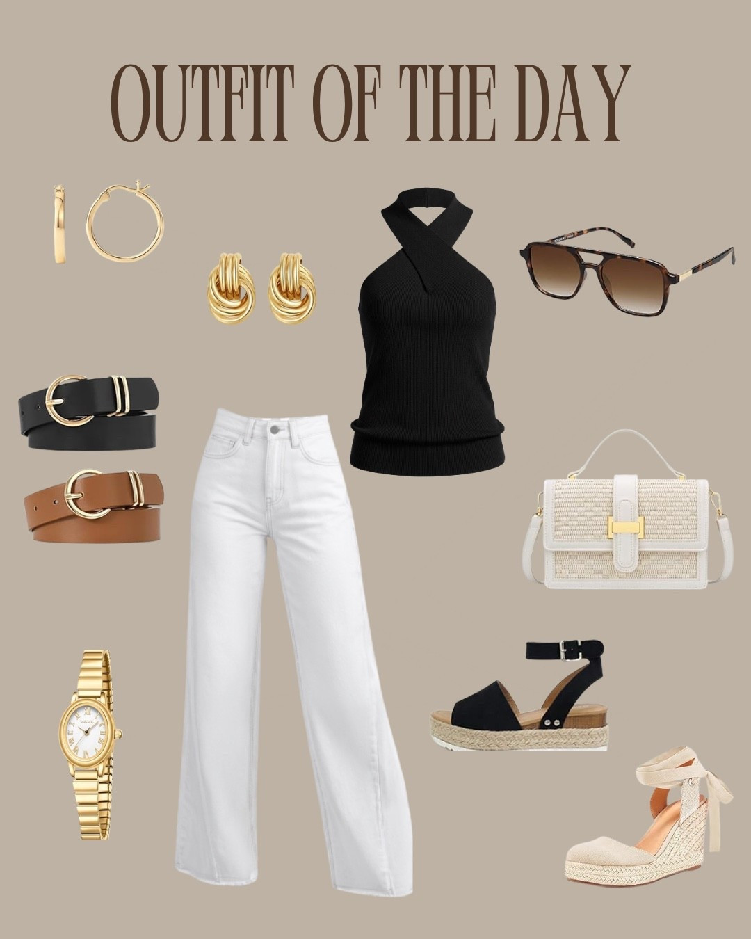 Neutral summer outfit with a black halter knit tank and white wide leg jeans, styled with gold accessories, woven textures, and classic black sandals. A chic black and white outfit that feels polished but still easy to wear. This elevated casual summer look mixes timeless basics with resort-inspired details like espadrille wedges, layered gold jewelry, oversized sunglasses, and a woven handbag. Perfect for vacation, brunch, date night, summer dinners, or everyday wear. A simple summer capsule wardrobe outfit with versatile black, white, and tan pieces that work together effortlessly. Casual chic fashion inspiration for women over 40 with classic staples, elevated basics, and timeless accessories.

#LTKgrwm #LTKootd #LTKOver40