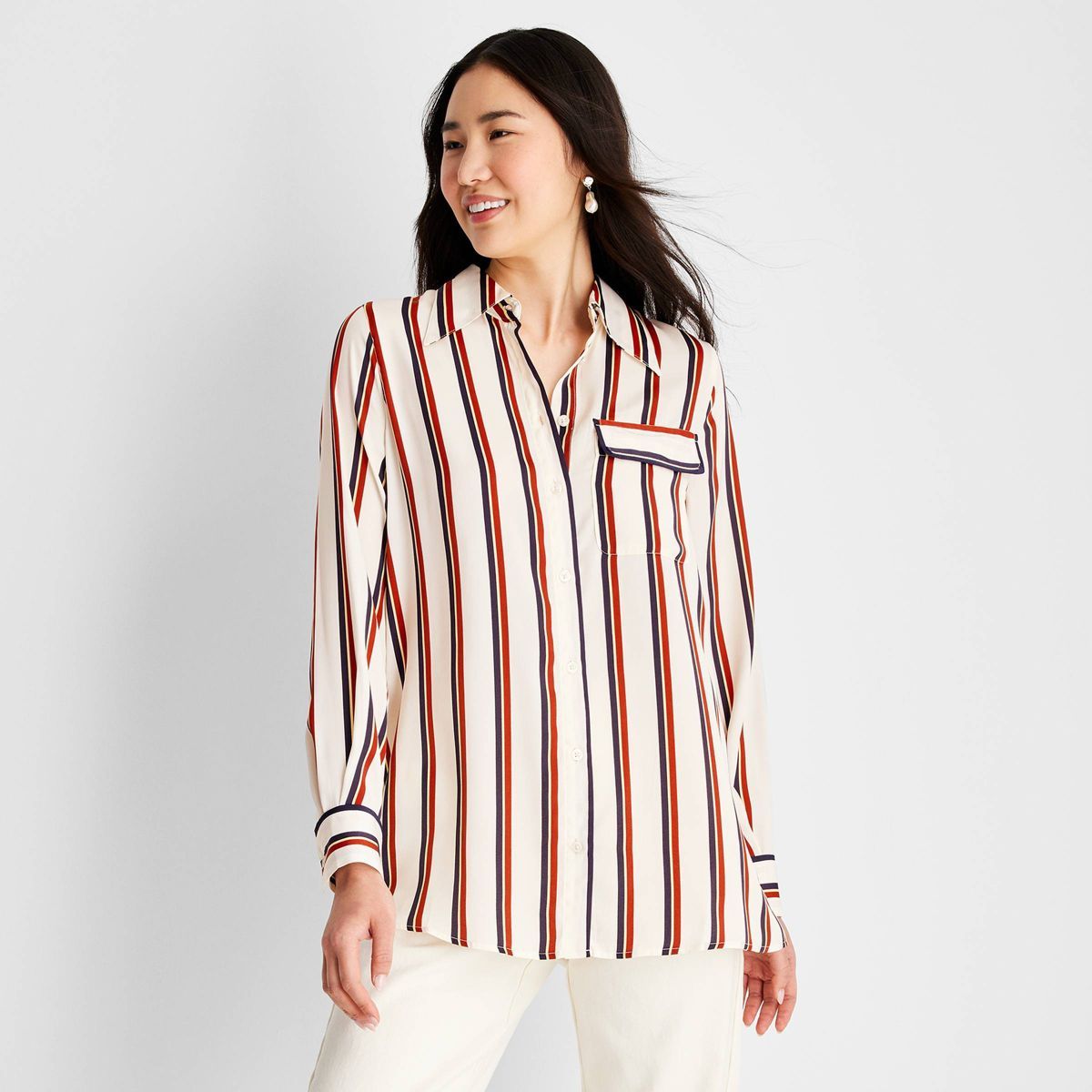 Women's Striped Satin Button-Down Shirt - Future Collective™ with Reese Blutstein White | Target
