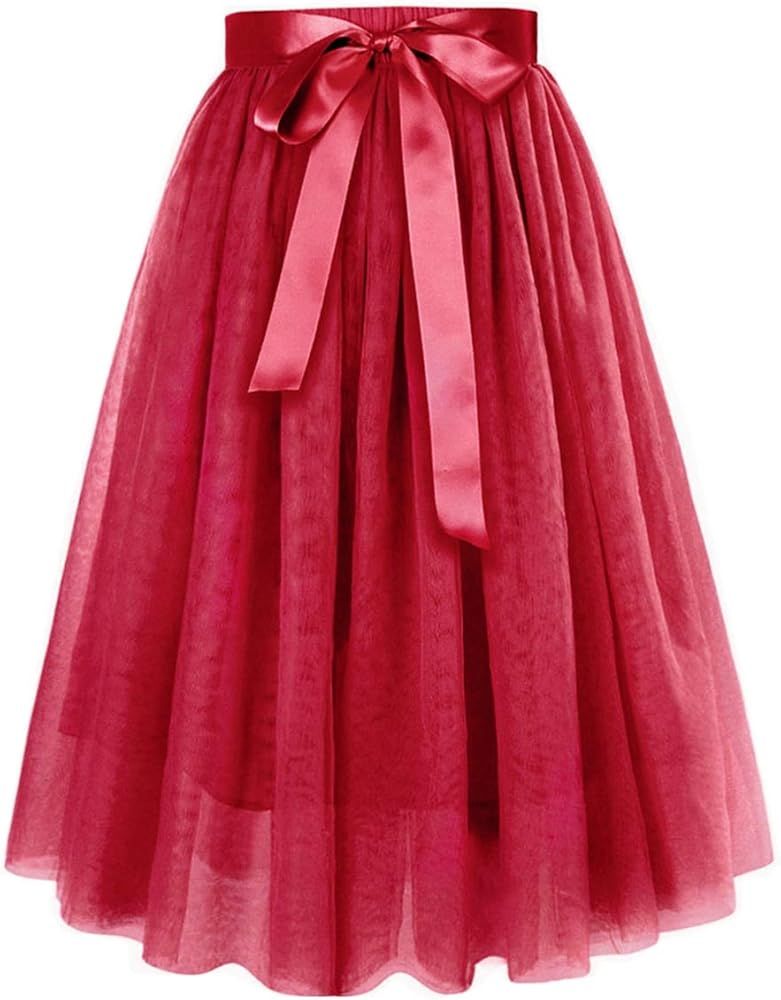 Women's Elastic Waist Ballet Layered Princess Mesh Tulle Midi Skirt | Amazon (US)