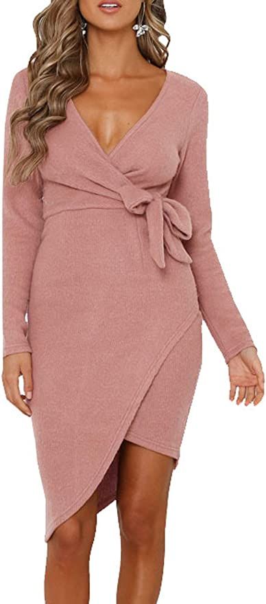R.Vivimos Women's Winter Long Sleeve V Neck Asymmetrical Knit Sweater Dresses | Amazon (US)