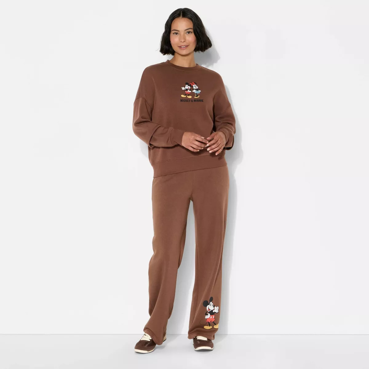 Women's Mickey Mouse Fleece Graphic Pullover Sweatshirt - Brown | Target