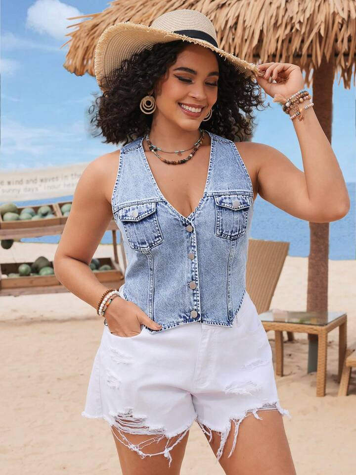 SHEIN VCAY Women Plus Size Denim Vest Short Top Music Festival Blue Vest Denim Halloween Costume ... | SHEIN
