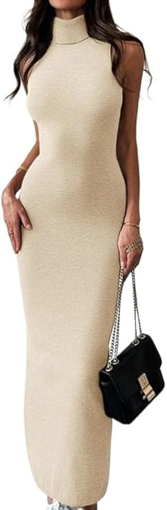 Fall Sleeveless Sweater Dresses for Women Commuting Casual High Collar Long Sleeve Tight Fit Long... | Amazon (US)