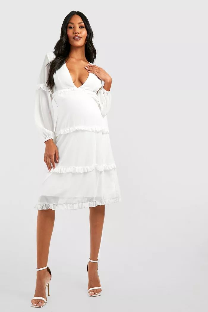Maternity Occasion Tie Back Frill Midi Dress | boohoo (US & Canada)