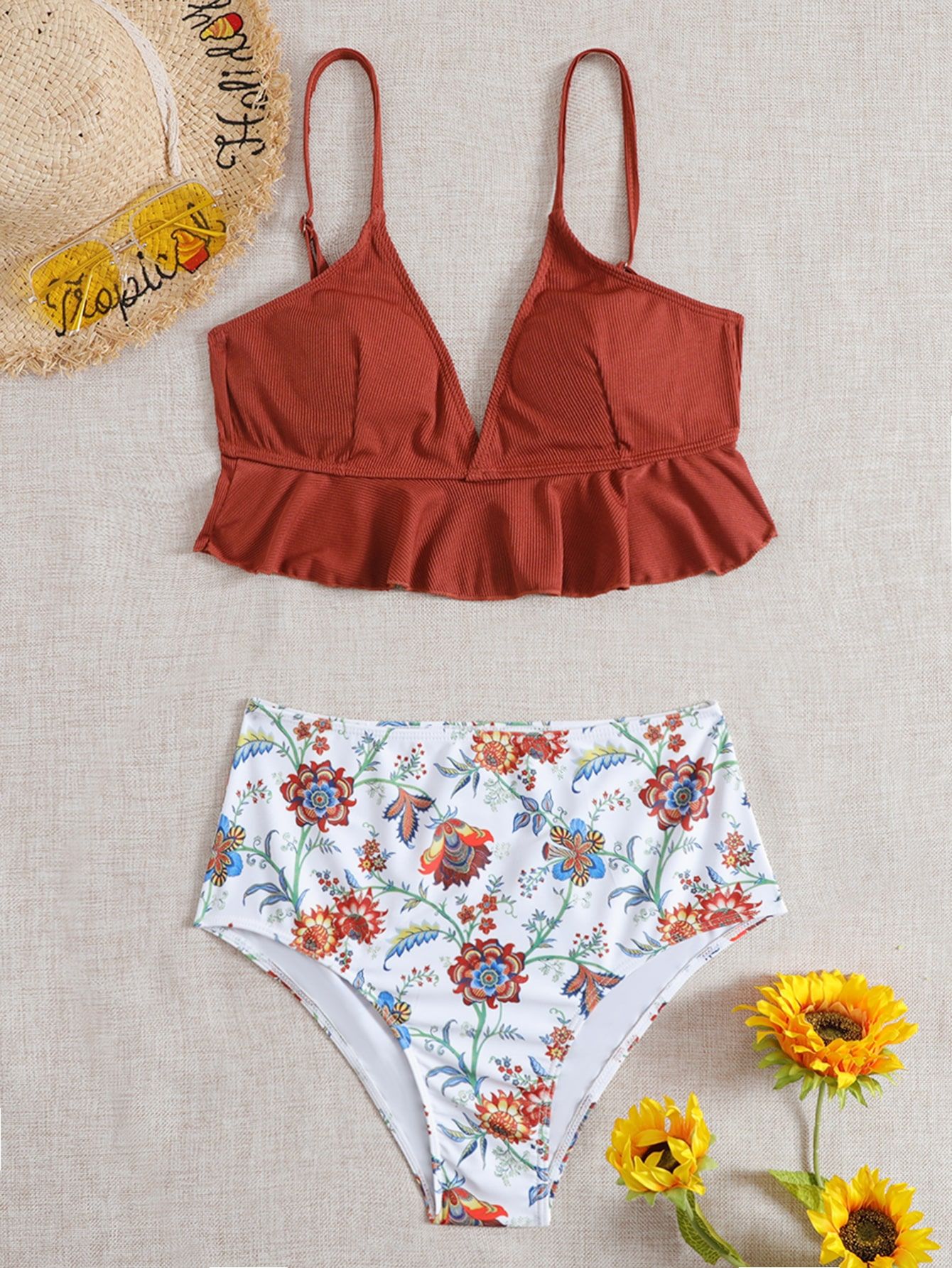 Floral Rib Ruffle Hem Bikini Swimsuit | SHEIN