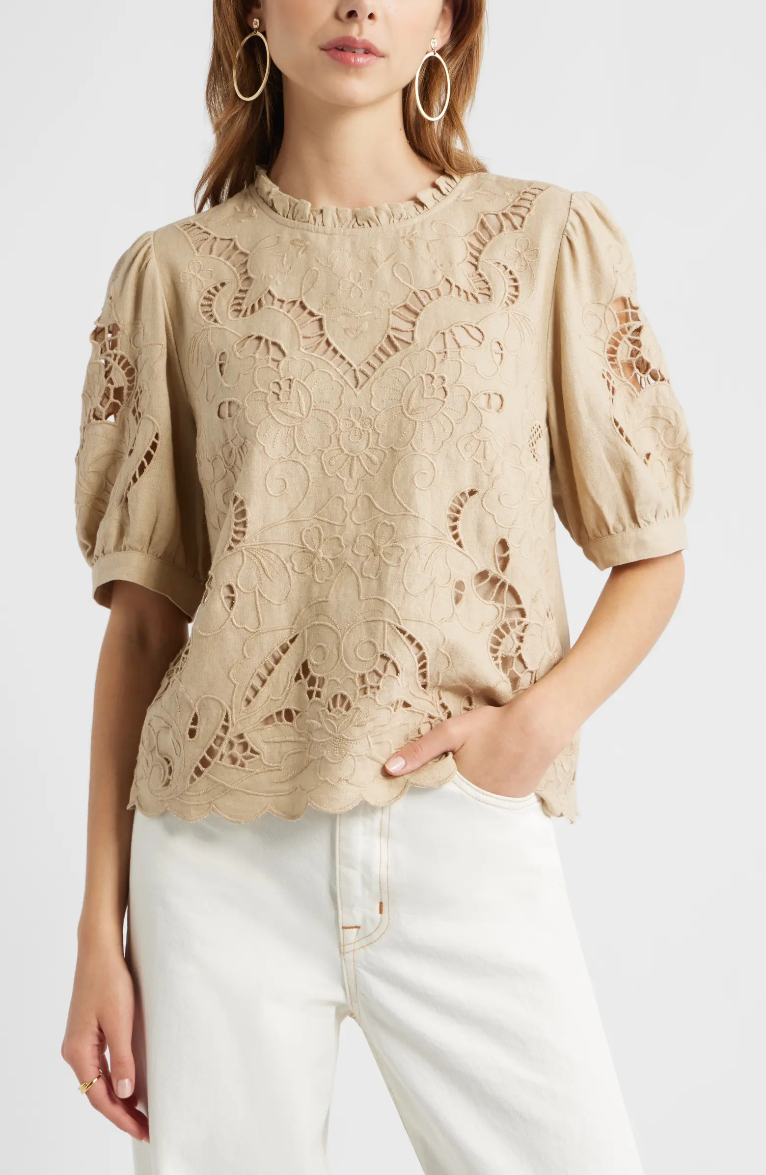 Embroidered Cutwork Puff Sleeve Linen Blend Top | Nordstrom