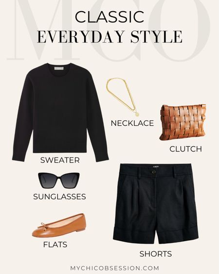 Nothing beats the classic combo of a cozy black sweater with some comfy black shorts. Add a hint of glam with a gold necklace, then grab your trusty brown clutch and slip on those brown flats. Top it off with black sunglasses and you've got an effortlessly chic everyday outfit. This timeless look is easy, breezy, and always in style. 

#LTKSeasonal #LTKstyletip #LTKover40
