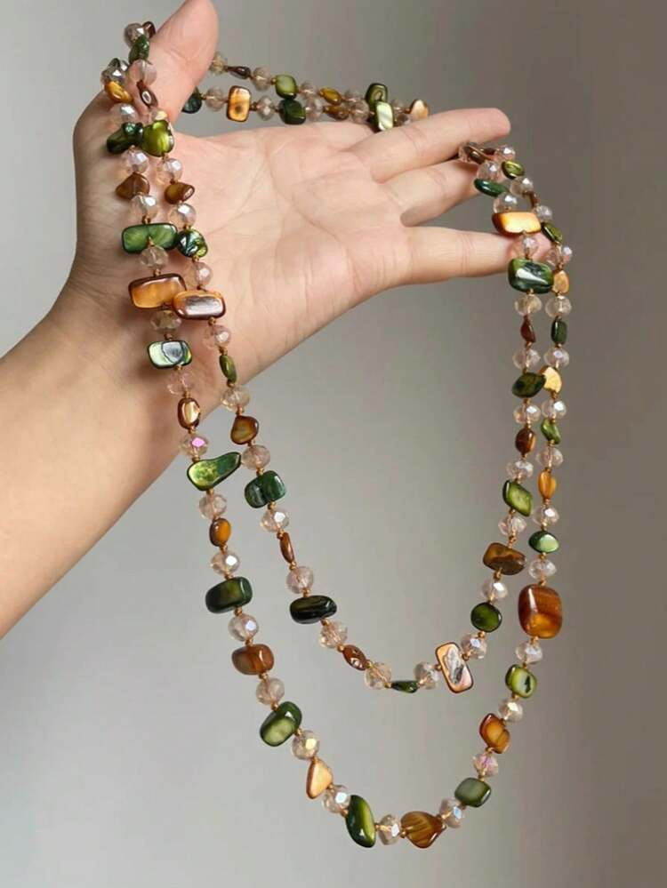 1pc Women's Retro Bohemian Style Colorful Shell Beaded Double-Layer Necklace, Vintage Luxury Holiday Long Necklace, Layerable, Suitable For Beach, Travel, Women's Daily Decoration, Outfit Matching, Dating, Party, Holiday Gift, Gemstone And Bead Colors And Shapes Are Random | SHEIN