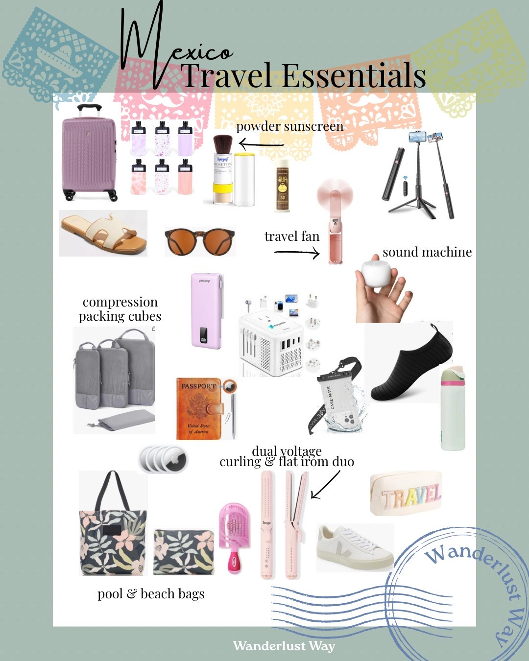 Mexico Travel Essentials

Travel adapter, water shoes, walking shoes, dual voltage flat iron, tripod,  bug repellent, sandals, passport holder, shampoo holder, sunscreen, sunglasses, travel brush, travel fan, air tags, compression packing cubes, portable charger, travel pillow case, carry on, personal item, beach bag

#LTKSeasonal #LTKSwim #LTKTravel