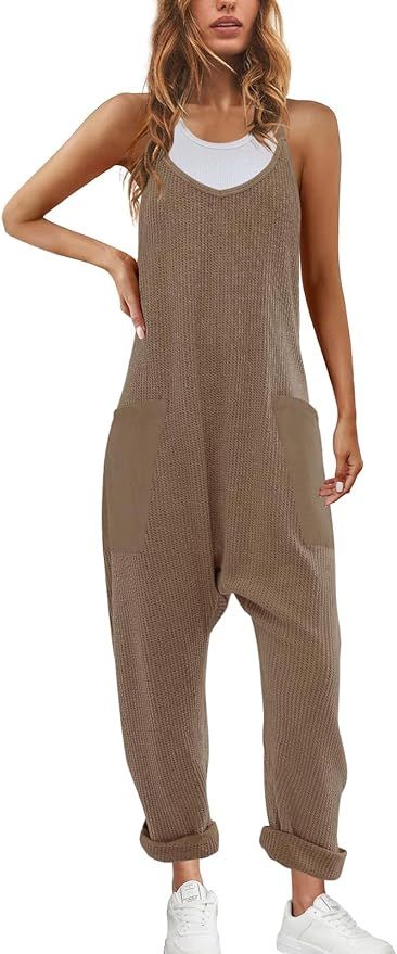 Nirovien Womens Waffle Knit Jumpsuits Oversized One Piece Romper Sleeveless Onesie with Pockets F... | Amazon (US)