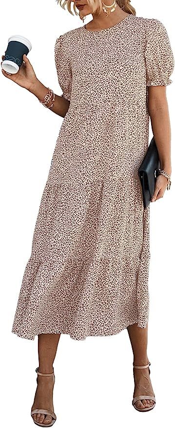 PRETTYGARDEN Women's Summer Casual Boho Dress Floral Print Ruffle Puff Sleeve High Waist Midi Bea... | Amazon (US)