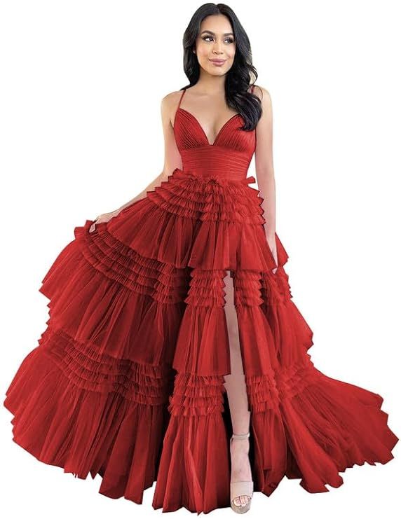 Tiered Tulle Prom Dresses Long Ruffles Ball Gowns Glitter Formal Evening Party Gowns with Slit | Amazon (US)