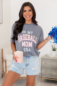 Baseball Mom Era Grey Oversized Graphic Tee | Pink Lily