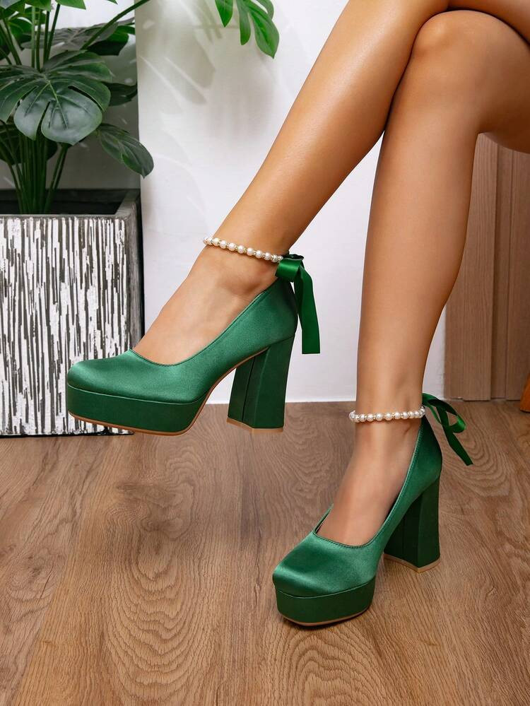 Fashion Pearl Bow Bridal Shoes, Bridesmaid Shoes, Military Green Super Soft Satin Waterproof Platform Thick Heel Round Toe High Heels For Women | SHEIN