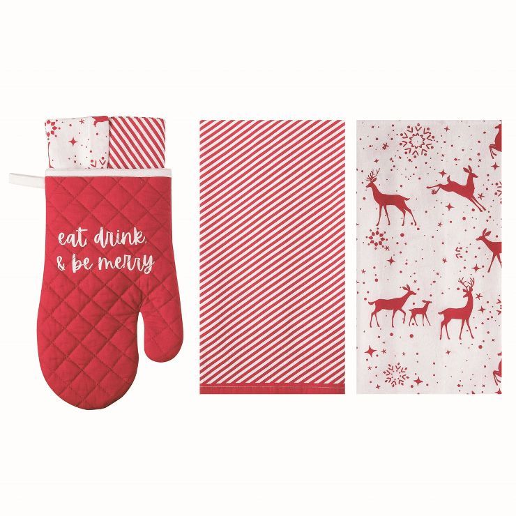 Transpac Cotton Multicolor Christmas Oven Mitt and Tea Towels Gift Set of 3 | Target