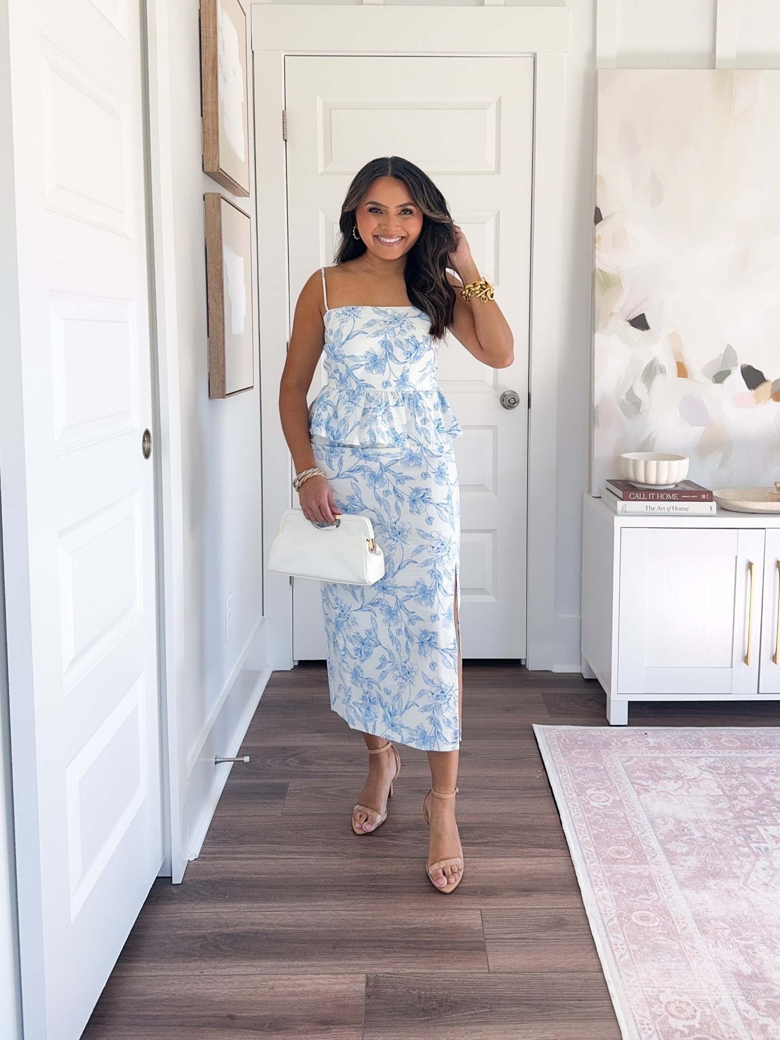 Blue floral peplum top xs TTS - has adjustable straps! 
Blue floral ksirt size 0 - TTS, went off the sizing chart 
Clear heels size 5 TTS


#LTKStyleTip #LTKSaleAlert #LTKPetite