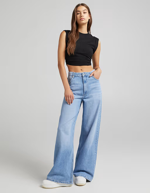 Bershka 90s super wide leg jeans in blue | ASOS (Global)