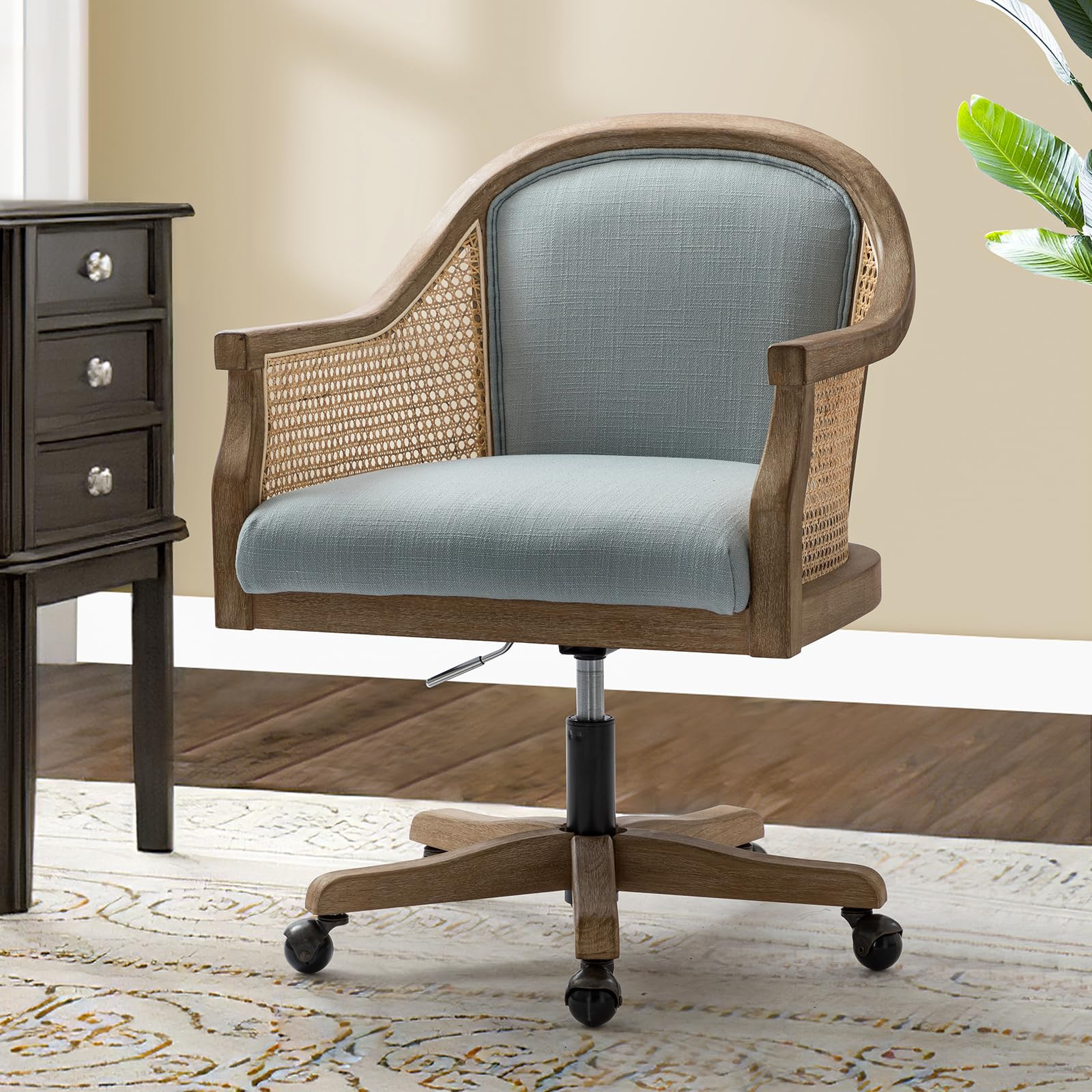 TINA'S HOME Rattan Desk Chair, Wood Upholstered Home Office Chair with Armrest, Adjustable Swivel... | Amazon (US)