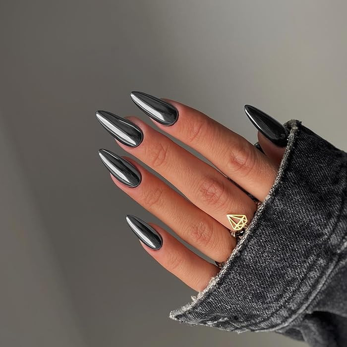Smoky Grey Chrome Press on Nails Medium Almond, KQueenest Mirror Metal Stiletto Fake Acrylic Nail... | Amazon (US)