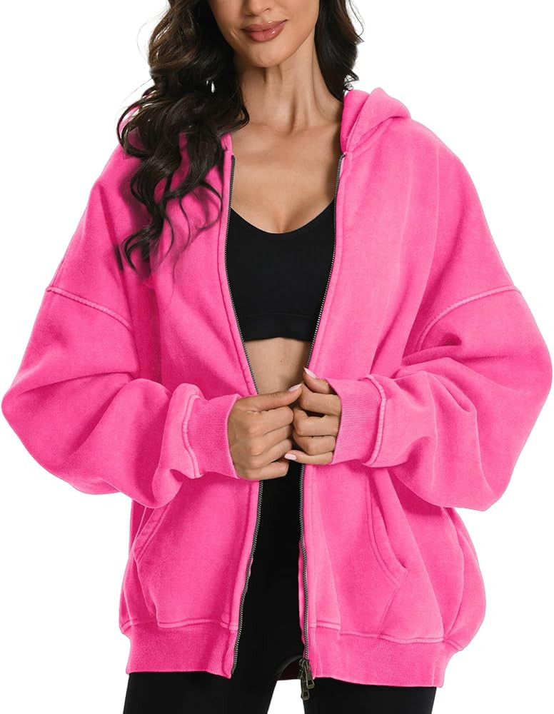 FAIABLE Mens Womens Double Zip Up Hoodie Oversized Acid Wash Heavyweight Fleece Cotton Zipper Hoo... | Amazon (US)