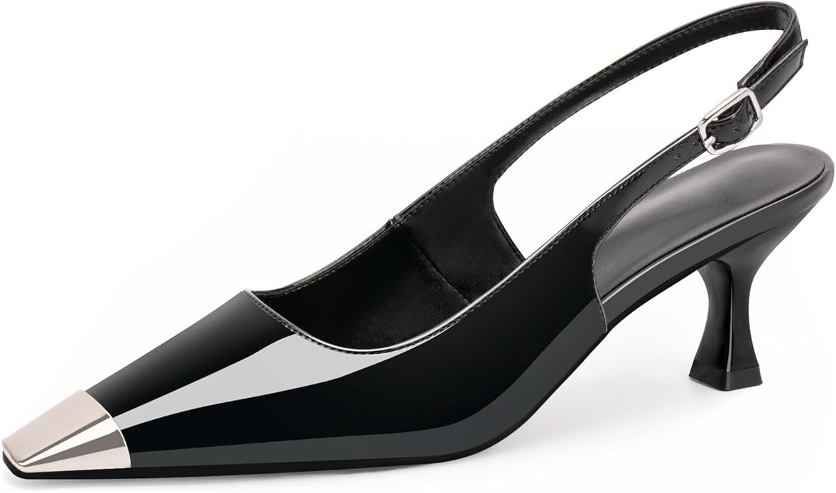 Women's Kitten Heel Slingback Square Toe Pumps Buckle Strap Metal Decoration Patent Leather Comfo... | Amazon (US)