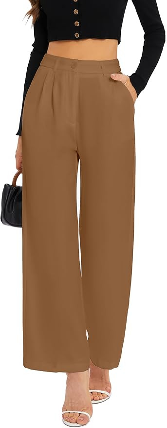 FUNYYZO Women's Wide Leg Pants High Elastic Waisted in The Back Business Work Trousers Long Strai... | Amazon (US)