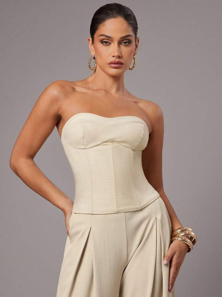 Silquee Women's Summer Pure Beige Tube Top Tube Top Style Slim Fashion Short Top Double Layer Pull Back Lining High-End Tops Suitable For Office Women's Wear Business Casual Women's Wear Suitable For Dating, Versatile Tops Corset Top Strapless Top, Strapless Top, Tube Top Romper | SHEIN