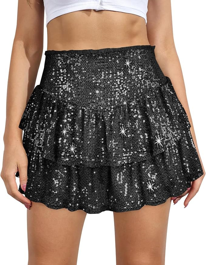 Women Sequin Skirt Sparkly Cute High Waist Ruffle Flowy Shiny Glitter Mini Short Skirts Night Out... | Amazon (US)