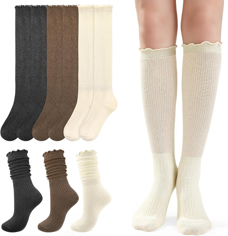 3 Pairs Women Ruffle Slouch Socks Knee High Boot Socks | Amazon (US)