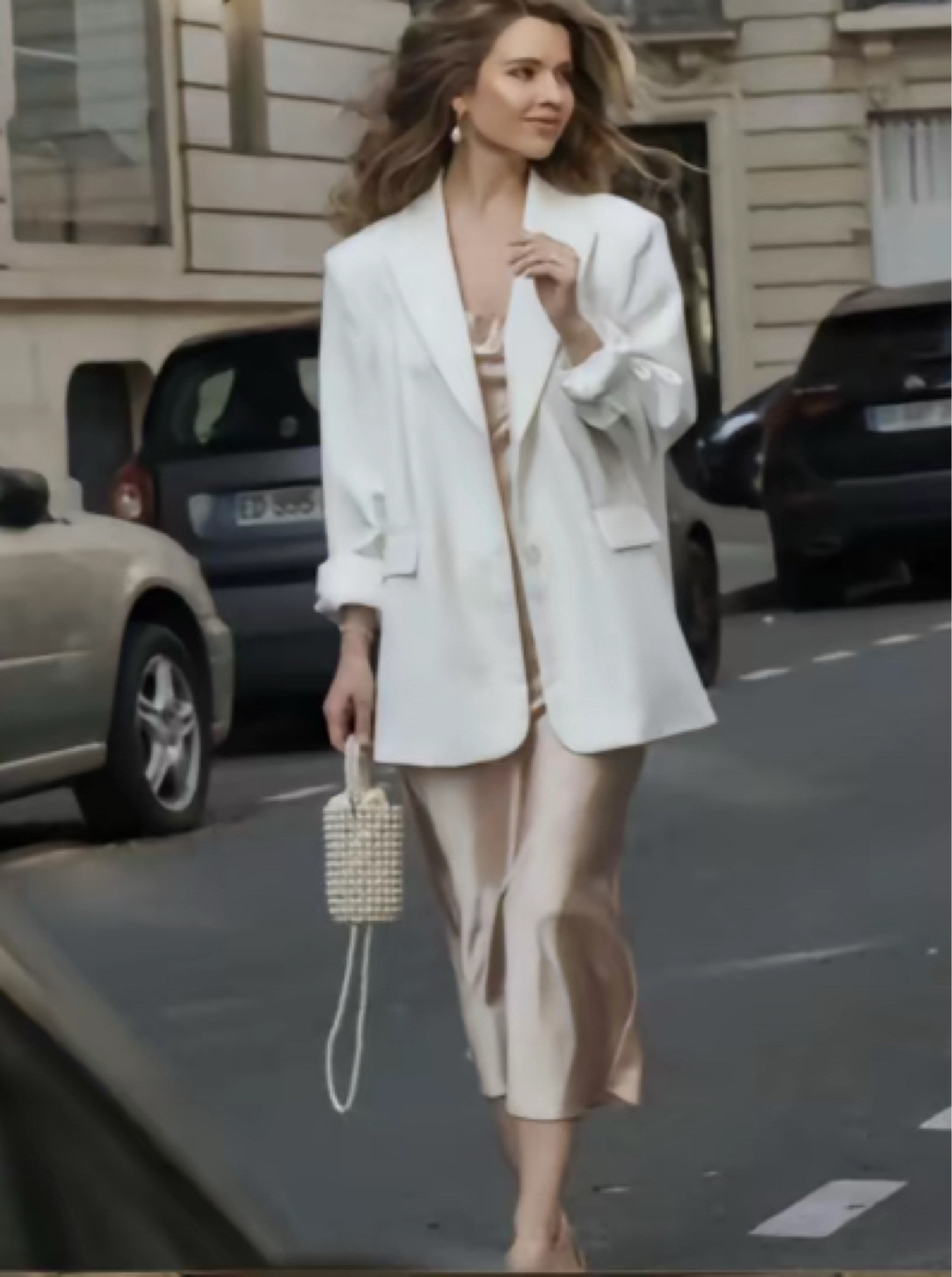 Beige satin dress
White blazer
Pearl bag 

#LTKStyleTip #LTKPetite #LTKMostLoved