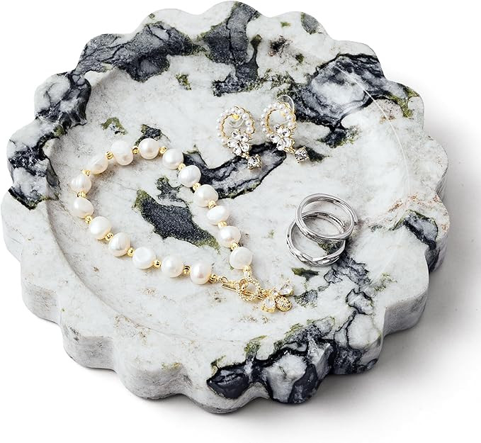 WORHE Marble Vanity Tray Natural Small Scalloped Round Stone Trays for Candle Trinket Calacatta V... | Amazon (US)