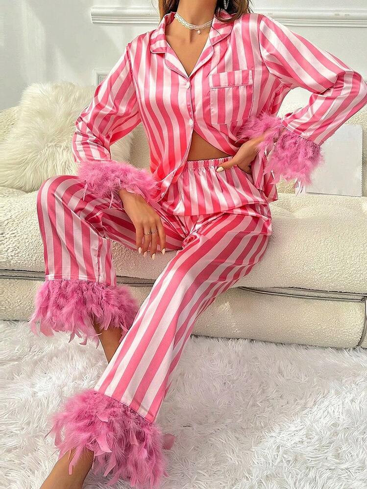 Women Christmas Satin Slik Striped Pajamas Set Contrast Color Feather Trim Long Sleeve Button Down Shirts Tops And Fur Trim Wide Leg Pants Sets Fall Winter Sleepwear Nightwear Loungewear Xmas Holiday Cute Two Pieces Pjs Matching Outfits Sets | SHEIN