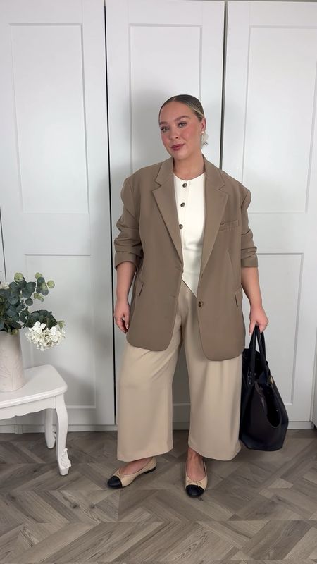 River island, Re ona, Demellier, Mantra, Amazon, transitional outfit, spring outfit, long waistcoat, cropped trousers, wide leg trousers, ballet flats, oversized blazer, beige blazer, white scrunchie, spring outfits, outfit ideas

#LTKspring #LTKstyletip #LTKeurope