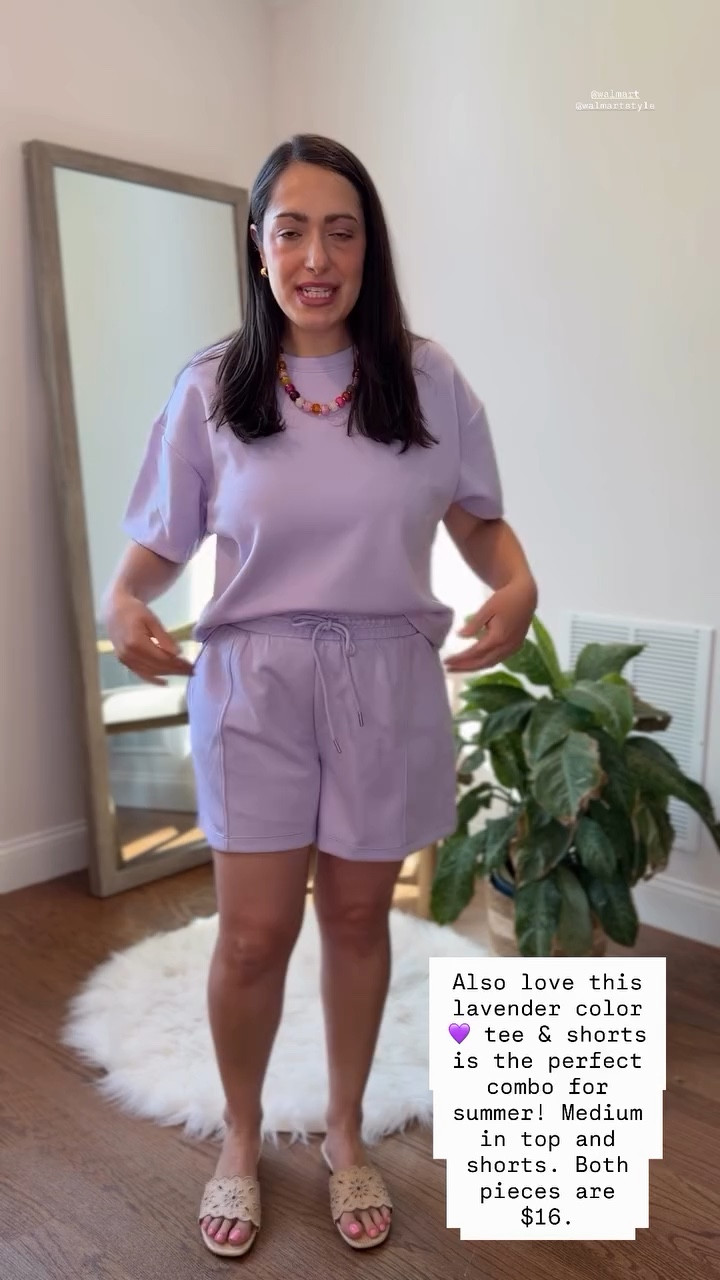 Also love this lavender color 💜 tee & shorts is the perfect combo for summer! Medium in top and shorts. Both pieces are $16. @walmart @walmartstyle