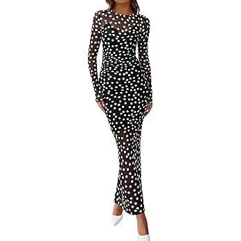 BTFBM Spring Dresses for Women 2026 2 Piece Set Long Sleeve Polka Dot Sexy Bodycon Mesh Dress and... | Amazon (US)