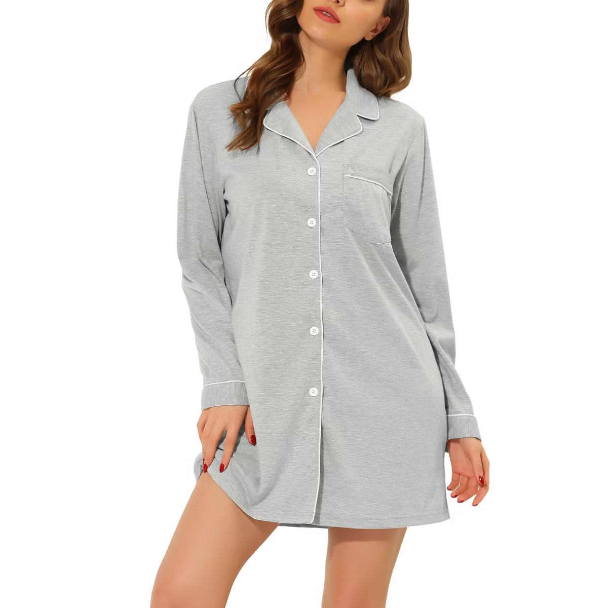 cheibear Women's Long Sleeve Notched Lapel Button Down Lounge Nightshirt | Target