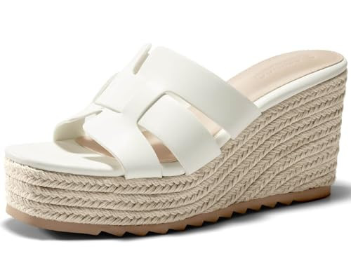 Coutgo Women's Wedge Sandals Platform Espadrille Heels Open Toe Strappy Slip On Casual Summer Slide Shoes, White, Size 7.5 | Amazon (US)