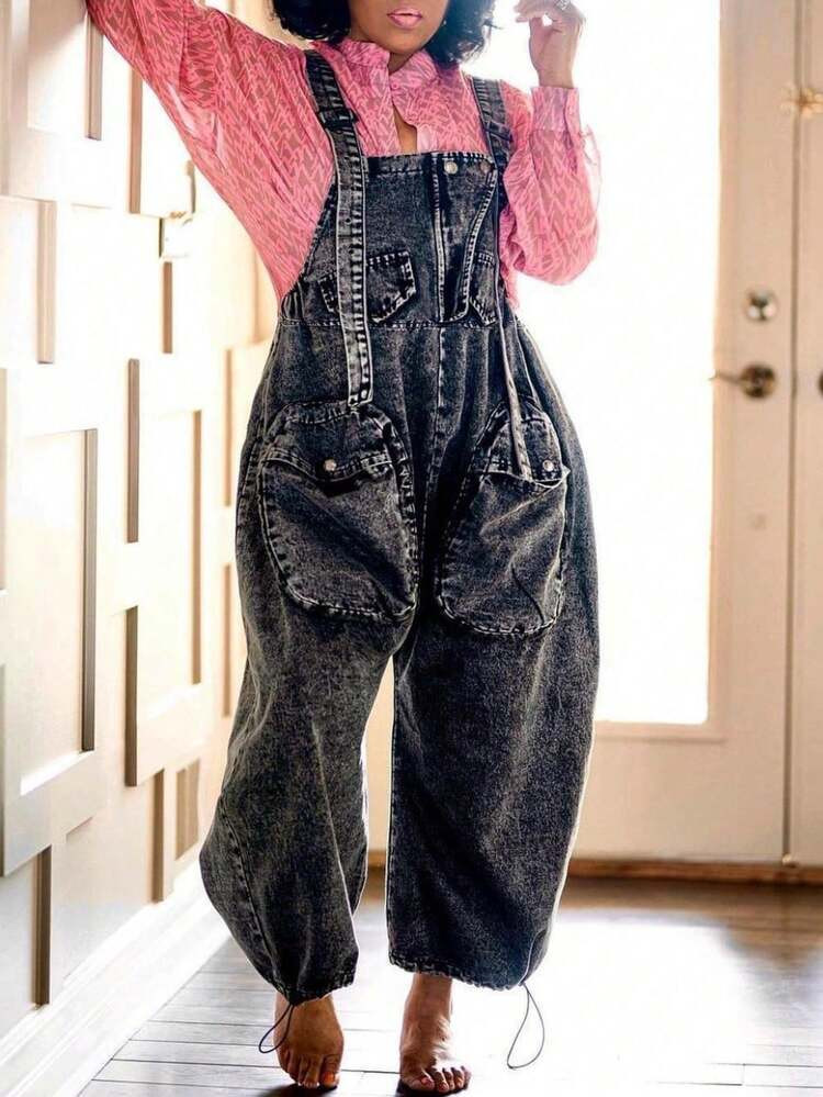 Women's Denim Multi-Pocket Baggy Jumpsuit Overalls: Wide-Leg Relaxed Fit With Drawstring Cuffs - Versatile For Daily Outings, Commute, Travel & Dates | SHEIN