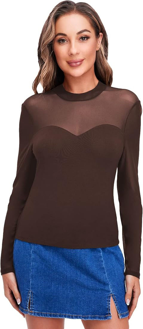SheIn Women's Sheer Mesh Mock Neck Tees Top Long Sleeve Solid T Shirt | Amazon (US)