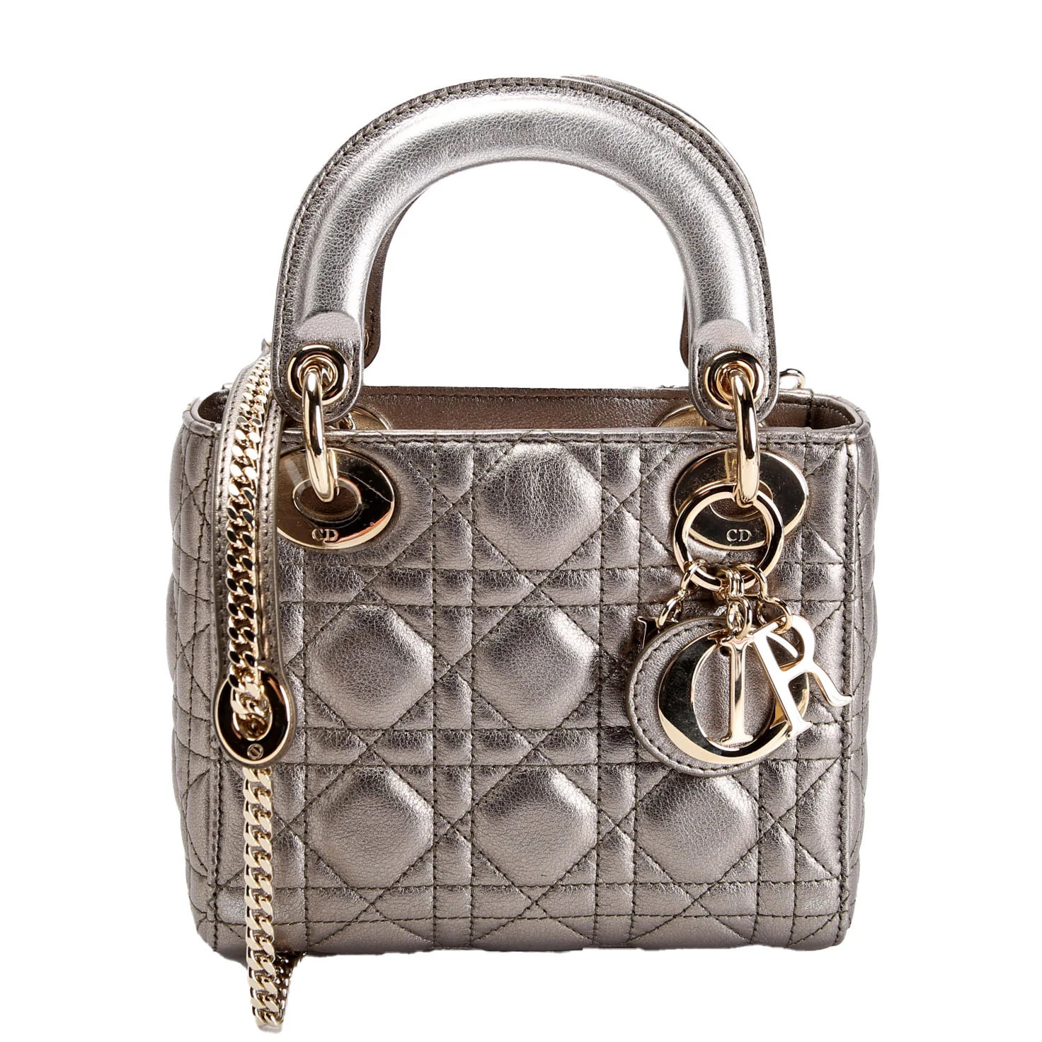 Lady Dior Mini Metallic Lambskin Silver | Keeks Designer Handbags