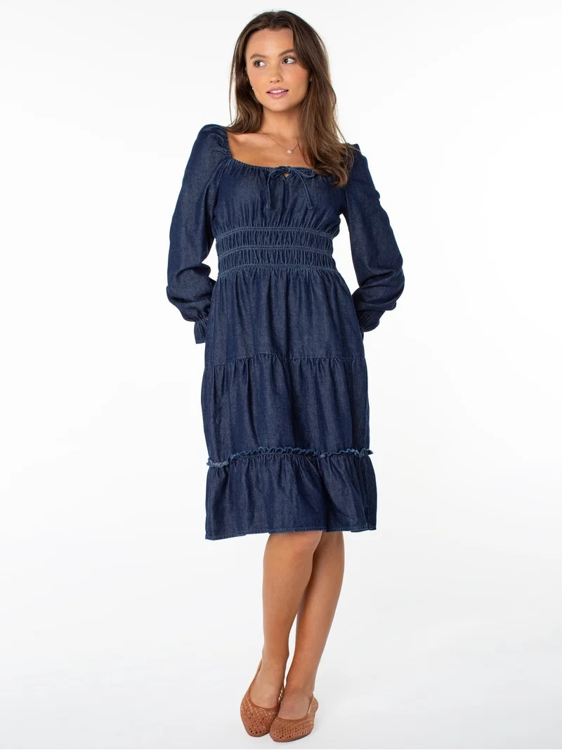 Celebrity Pink Women's Long Sleeve Lace Trim Midi Dress, Sizes XS-XXXL | Walmart (US)