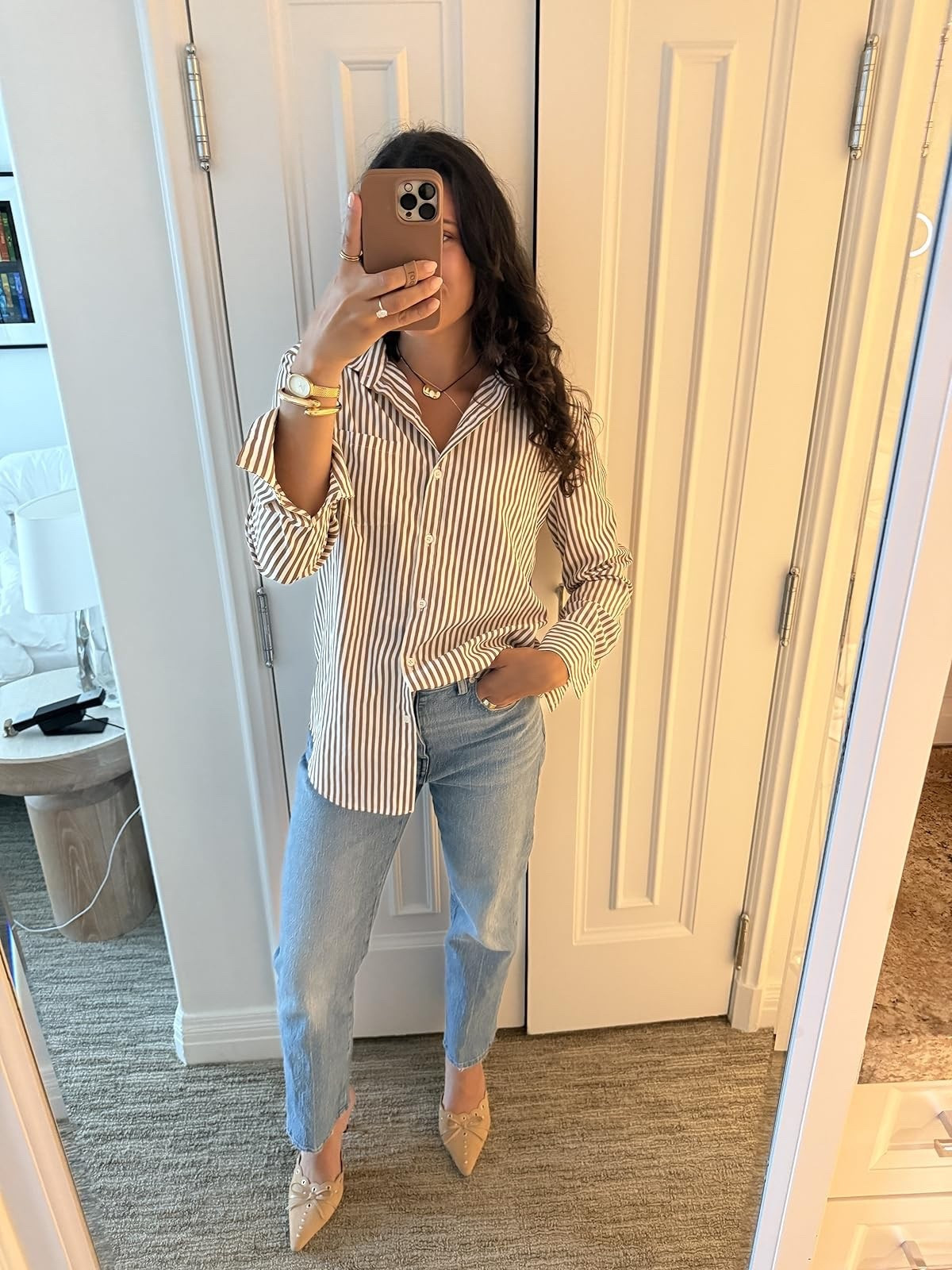 The cutest business casual outfit!!! Jeans true to size- top size medium. Casual outfits striped button down outfit jeans heels gold jewelry