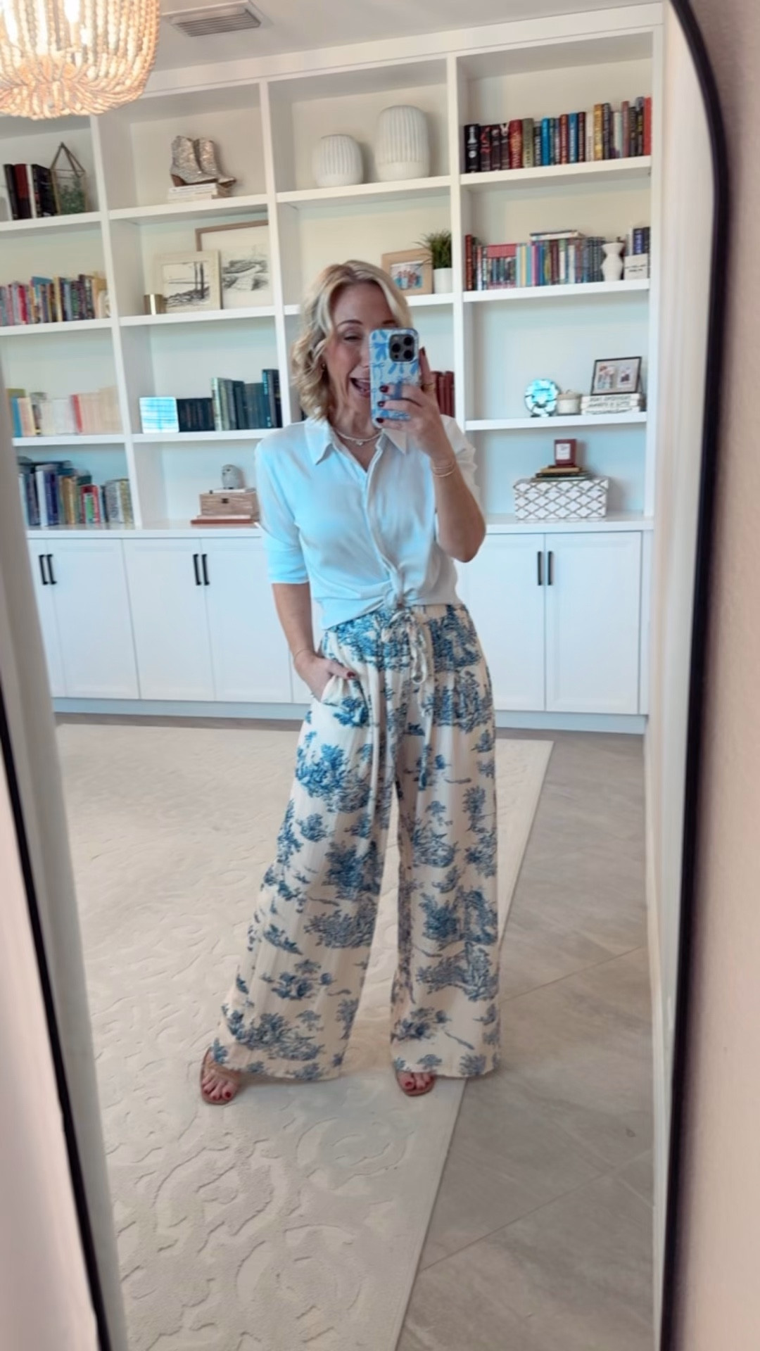 Printed Palazzo Pants - size small. 9 colors. * satin button down - mine is old, but I’m linking another option. 

#LTKSeasonal#LTKOver40#LTKFindsUnder50 

 