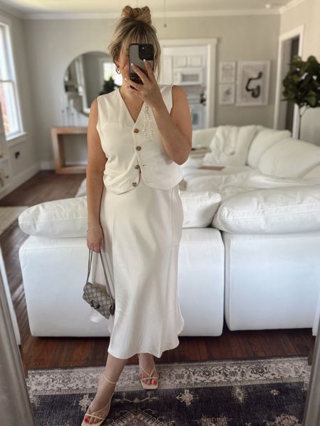 Summer outfit idea - vest and silk midi skirt with a strappy sandal for a polished and chic summer outfit. This is a head to toe Amazon outfit!

#LTKFindsUnder50 #LTKFindsUnder100